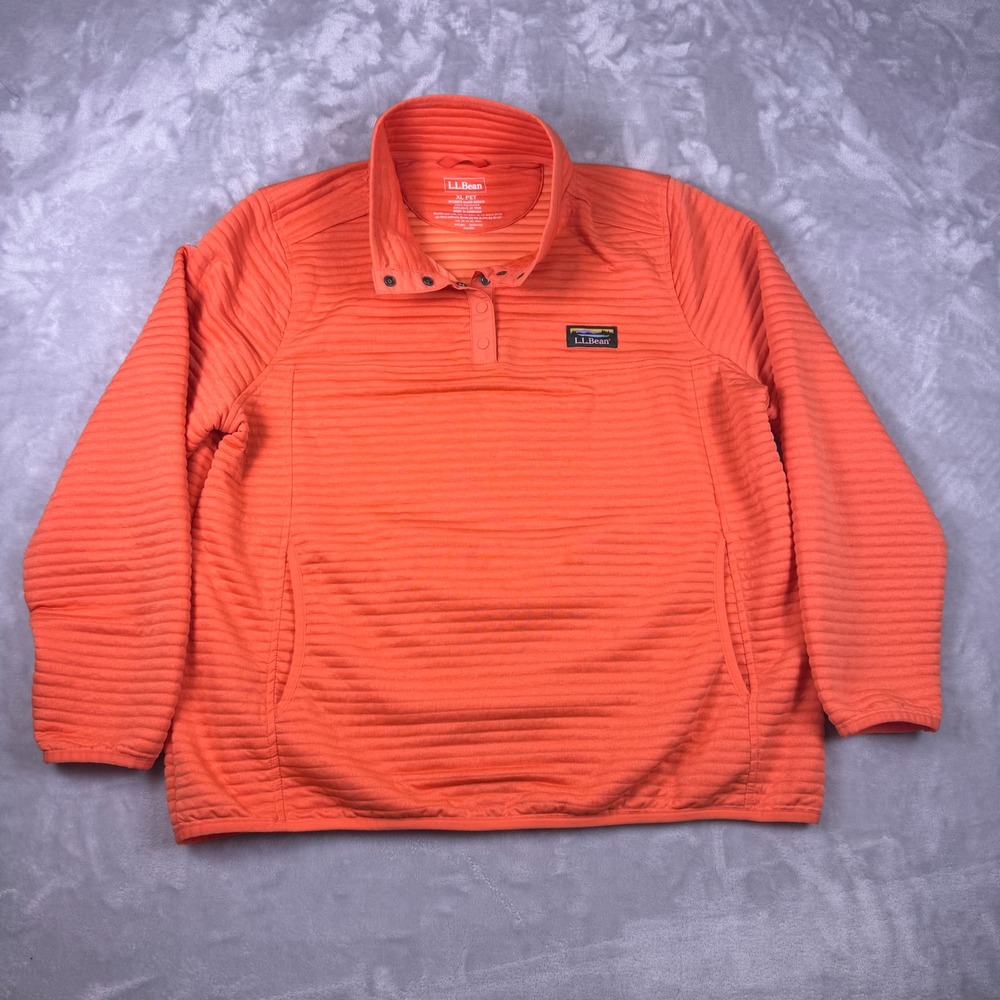 LL Bean Womens Quilted Ribbed Snap Mock Neck Pullover Sweatshirt XL Pet Orange